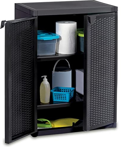 Festnight Gartenschrank Kunststoffschrank Haushaltsschrank Spindschrank Terrassenschrank Balkonschrank Putzschrank 2 Türen und 2 Regalen Schwarz 65 x 45 x 88 cm