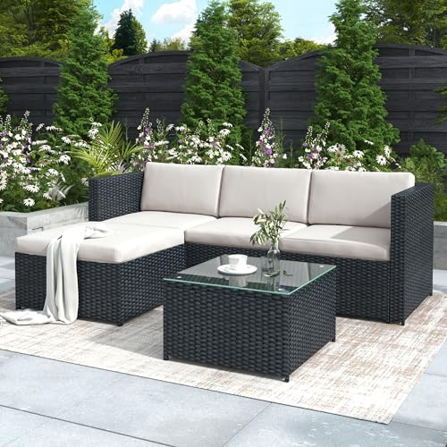 Merax Rattan Corner Sofa Garden Furniture Set,Outdoor Patio Dining Set,Rattan Corner Garden Sofa Furniture Set (black, set1)