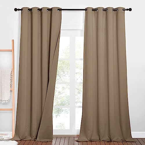 PONY DANCE Dreilagige Lichtundurchlässige Gardinen Lärmschutzvorhang | 2er Set, H240 x B132 cm, Thermogardine Hitzeschutz, Schallschutz Vorhang, Ösen, für Schlafzimmer Kinderzimmer, Cappuccino