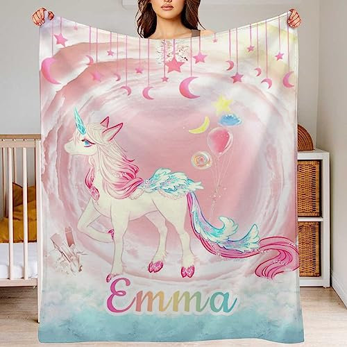 Cyiecweu Personalisierte Babydecke Kinderdecke mit Namen Individuelle Einhorn Decke für Mädchen Personalisierte Baby Decke Geschenke für Geburtstag Fleece Blanket for Room Decoration,100x125cm