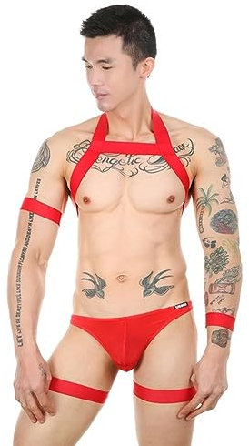 WSZJLN Hot Sexy Männer Körper Brustgeschirr EIS Seide Unterwäsche Tanga Set Elastische Schulter Bühne Hohl Kostüm -rot-XL