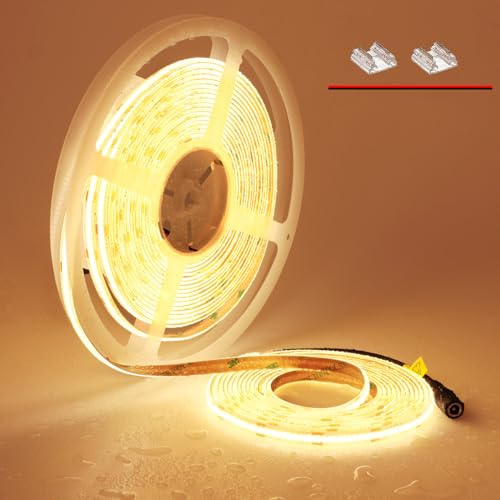 TOPAI Tira LED COB 10M Blanco Cálido 3000K Exterior IP65 Impermeable 24V Alta Luminosidad CRI>93 384LED/M Autoadhesivo Cortable Flexible para Cocina, Dormitorio, Baño, iluminación DIY