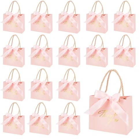 NBEADS 24 Stück Dankeschön-Geschenktüten, Rosa Papier-Geschenktüten Heißpräge-Partygeschenktüten Mit Schleife Für Geschäftliche Einkäufe Hochzeit Geburtstag Partyzubehör, 14x12x6cm