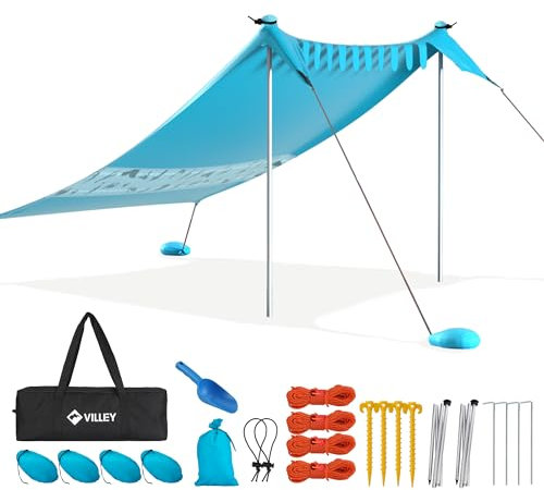 VILLEY Sonnenzelt 2m x 2,4m Blau, UPF50+ UV Schutz Lycra Strandzelt für 3 Personen, Sonnenschirm Strand mit Sandsack und 2 Stützstäbe für Picknick, Angeln, Sonnenschutz