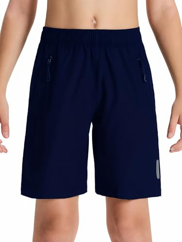 DEVOROPA Youth Boys Athletic Running Shorts Lightweight Quick Dry Sports Workout Gym Hiking Shorts Zip Pockets UPF 50+ Navy L