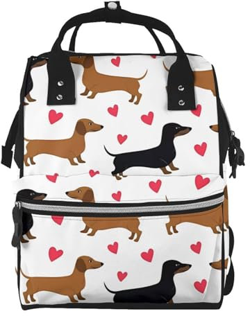 OrcoW Romantische Dackel Druck Windeltasche Mama Rucksack Große Kapazität Multifunktions Wasserdichte Windeltasche Für Mama Und Papa, Schwarz , One size