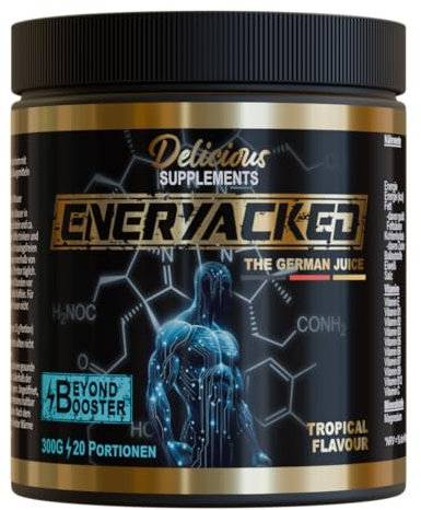 Eneryacked Booster - Pre Workout Booster mit Kreatin Monohydrat, Koffein & Aminosäuren - 20 Portionen (300g) - für Fokusphasen beim Training, mit Geschmack - Delicious Supplements - Made in Germany