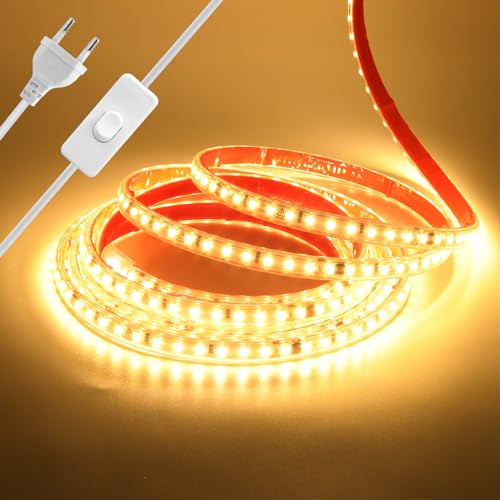 Wisada Anschluss an AC220-240V LED Streifen Selbstklebend mit ON/OFF Schalter, 5M 120LEDs/m 2835 SMD Flexible Superhell LED Band (Schnitt alle 10cm), IP65 Warmweiß LED Leuchtband für Weihnachten