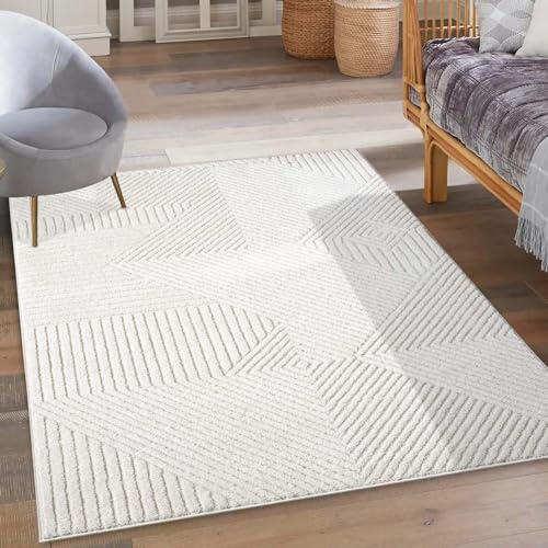 carpet city Kurzflor Teppich Creme - 120x170 cm - Wohnzimmer-Teppiche Hochtief-Muster, 3D-Effekt - Geometrisches Muster, Gestreift - Flachflor Bodenbelag, Deko Schlafzimmer