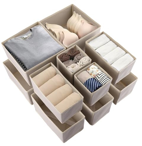 APACALI 12 Pack Drawer Organiser Clothes, Foldable Underwear Drawer Organiser, Clothes Drawer Organisers, Storage Organiser for Underwear, Socks, Ties and more, Beige