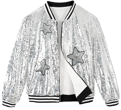 LOLANTA Niñas Lentejuelas Bomber Chaqueta con Bolsillos Cremallera Manga Larga Sparkle Béisbol Chaquetas para Niños, Plateado, 10-11 años, 150