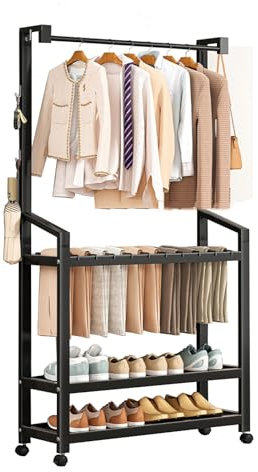 LONEU Multifunktionale Kleiderständer mit Rollen, Mobiler Kleiderschrank Fahrbar Kleiderbügel mit Hosenbügel Freistehende Kleiderstangen für Schlafzimmer, Büro, Geschäft(Size:100CM)