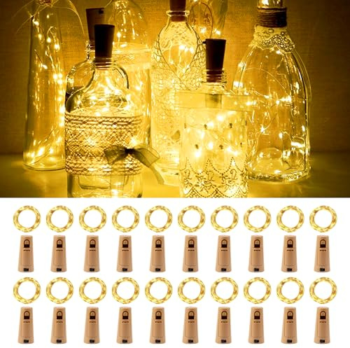 Bubuny 20 Stück Flaschenlicht, 2M Flaschenlichterkette 20LEDs Warmweiß Lichterkette Flaschenkorken für Weihnachten, Party und Hochzeit, Dekorative Lichter für Flaschen, Gläser & Deko