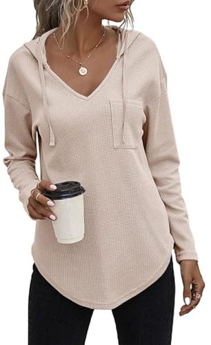 VEUNCOS Hoodie Damen Oversize Langarm V Ausschnitt Kapuzenpullover Lässig Langer Pullover Damen für Leggings Aprikose XXL