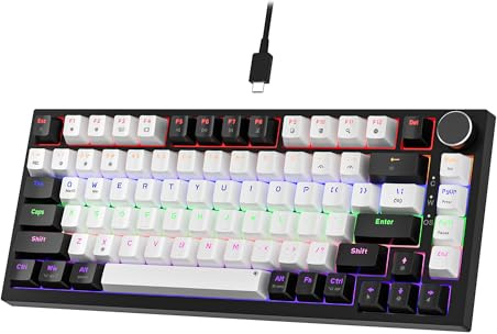 Newmen GM326 Mechanische Tastatur mit Kabel,Gaming Tastatur 75 Prozent,TKL Hot Swap LED Beleuchtung USB C Mini Mechanische Tastaturen mit Knopf,für PC/Win/Mac,QWERTY Layout,Schwarz/Weiß,Rote Schalter