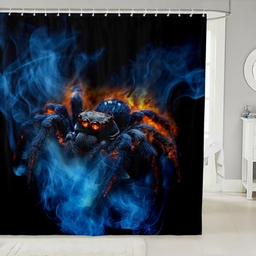 Homewish Rideau de Douche 180x200cm Enfant Araignée, Rideau de Bain Adulte Halloween Animaux Gothique, Rideau de Baignoire Imprimée Feu de Fumée, Rideau Salle de Bain Décor de Festival Bleu Noir