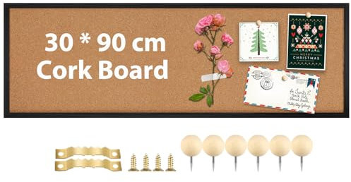 Umtiti Tableau en bois avec liège 30 cm x 90 cm - Décoration murale vintage - Cadre en bois noir - Tableau d'affichage décoratif à suspendre ou tableau à message - Tableau en liège - 3090BK