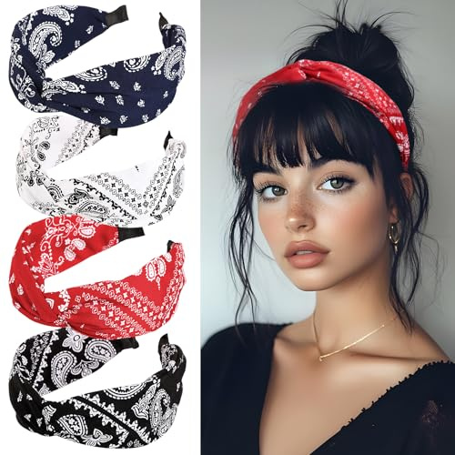 BOOMTOP 4pcs Haarreifen Breit Stirnband Paisley Damen Haarbänder mit Knoten Rockabilly Haarreif Plissiert Kopfband Vintage Haarschmuck Kopfbedeckung für Mädchen Frauen Rot Schwarz Weiß Dunkelblau