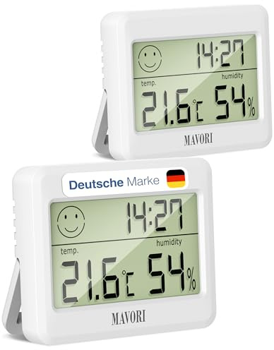 MAVORI® Termometro Igrometro da Interno con Orologio Digitale – Misuratore Preciso di Umidità e Temperatura Ambientale, Sensore Clima, Display LCD, Igrometro e Termometro per Casa, (Bianco, 2pz.)