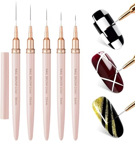 WeddHuis Pinceaux fins pour Nail Art, Lignes fines, et Gel, Professionnel, 5 Pièces, Ultra Fin, pour Gel, Acrylique, UV Construction, Set, Ongles, Liner Ongle, French (6/9/12/15/18 mm) (Rose)