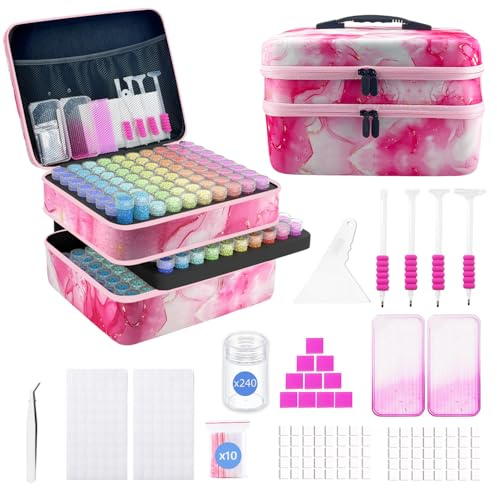 SuSentak 120 Slot Diamond Art Storage Box | Pink Bead Organizer Case with Drill Tools, Portable Craft Box, For 5D DIY Art Kits