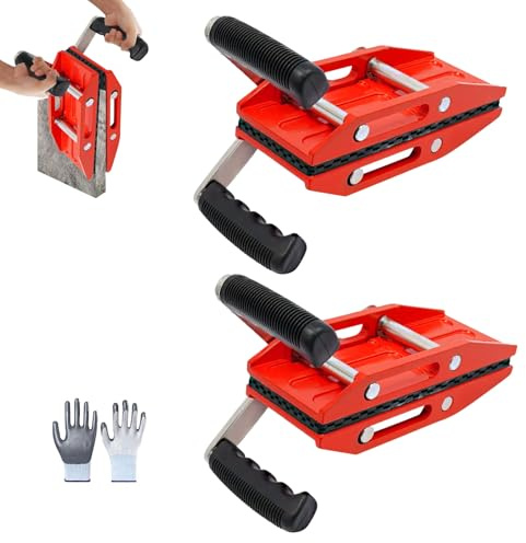 Lot de 2 pinces de transport de pierre à double main avec gants, outils de levage de panneaux de granit de 0 à 50 mm, charge de 200 kg, outils de levage robustes avec poignée en caoutchouc pour dalles