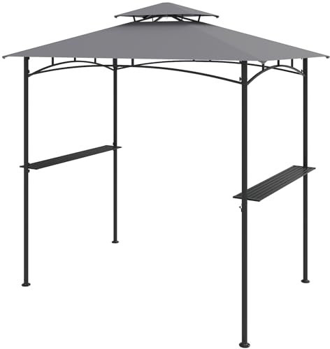 TANGZON BBQ Grill Gazebo, Outdoor Barbecue Canopy with 2-Tiered Top, 2 Side Shelves, Hanging Hooks, Bottle Opener, Garden Deck Lawn Grilling Shelter (Grey)