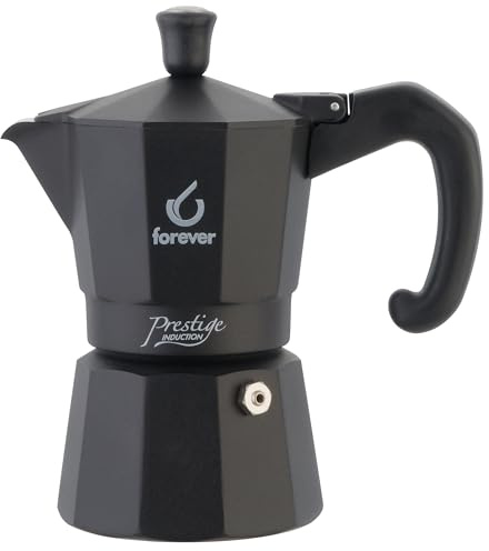 FOREVER Caffettiera Moka per Induzione, Miss Moka Prestige Induction 'All Black', Caffettiera Moka per Casa, Caffettiera Portatile per Viaggio, inclusa Guarnizione in Silicone (2 Tazze)