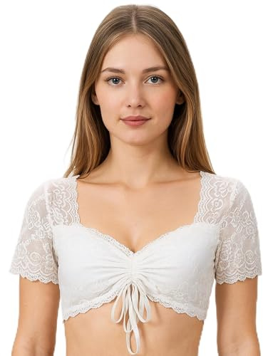 Jadive Blusa Dirndl para Mujer Camisa Dirndl de Encaje Blanco de Manga Corta con Cordón Camiseta Elegante Tradicional Bávara
