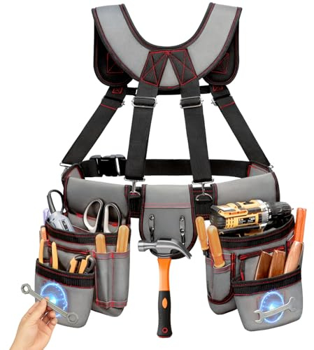 FamilyKit Werkzeuggürtel mit Hosenträgern – Magnetischer, robuster Werkzeuggürtel mit 18 Taschen, Werkzeugtasche mit abnehmbarer und verstellbarer Taille von 81,3 cm - 167,6 cm für Elektriker