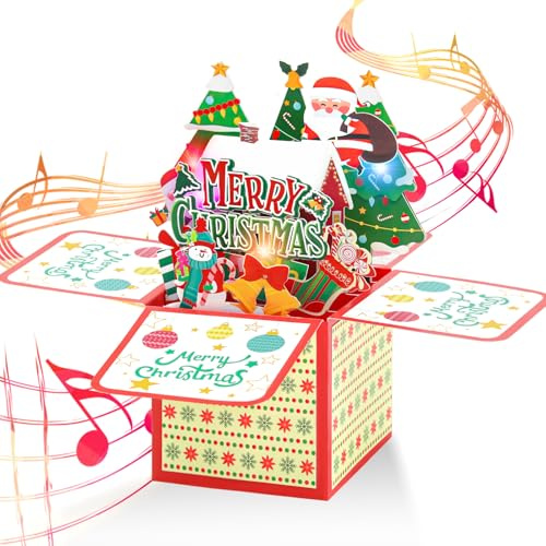 Weihnachtskarten 3D Pop Up Karte mit Musik und Licht, Lustige Weihnachtskarte mit Umschlag, Pop Up Weihnachtsbaum Karte mit Santa Merry Christmas Design Geschenk für Familie Freunde