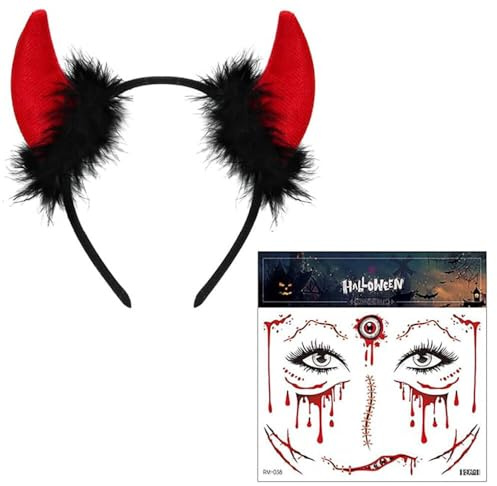 Teufel Hörner,Teufelshörner Haarreif,Halloween Tattoo Gesicht,Hörner Damen Kopfschmuck,Kostüm Accessoires Haarreifen set,Teufelsohren Mit Rot Stirnband,Gesichtstattoo Devil Cosplay Halloweenl