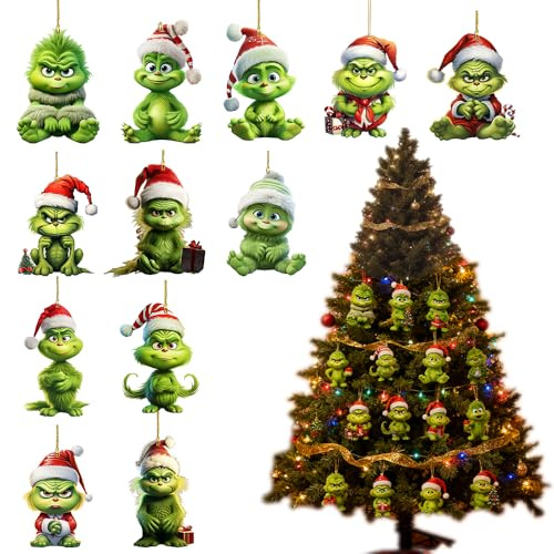YANGUN 12 Stück Grinch weihnachtsdekorationen, Grinch weihnachtsdeko mit elastischer Kordel 2D acryl anhänger, Grinch Deko Weihnachten für Weihnachtsbaum Dekorationen, Urlaub, Party