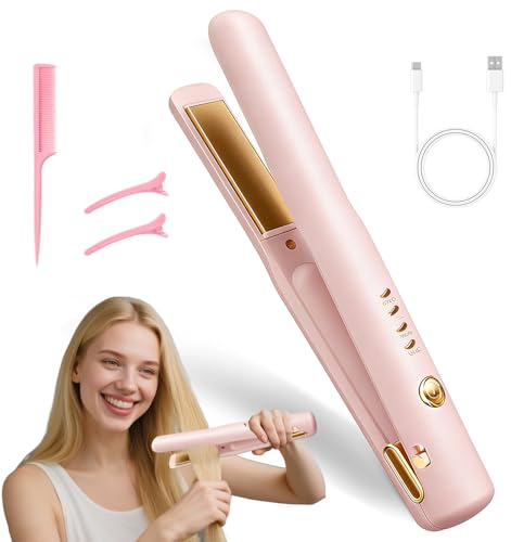 HOVCEH Cordless Hair Straighteners, 2 in 1 Cordless Straighteners Rechargeable, Mini Hair Straightener & Curling with 4 Temp Settings, Travel Straighteners Mini for Women, Short Long Hairs (Pink)