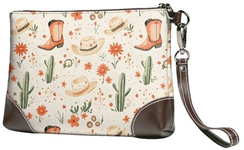 Novastar Small Clutch Purses for Women - Boots Cowboy Hat Cactus Print Leather Fashion Wristlet Wallets with Wrist Strap