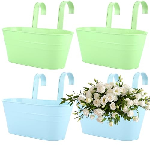 DAJAVE 4 Pcs Balcony Planters for Railing, 27cm Over Fence Planter Metal Hanging Planters Outdoor Hanging Flower Pots Large Plant Pot with Hook Hang Planter for Garden Balcony Fence Decor