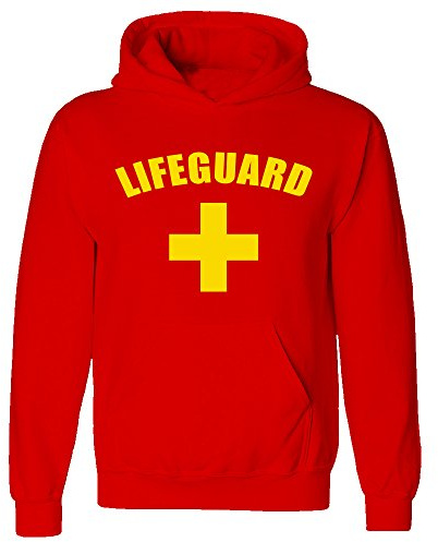 Stars and Stripes LIFEGUARD CROSS + Red Hoodie Yellow Print - FANCY DRESS BEACH PARTY Red Printed Hooded Sweatshirt