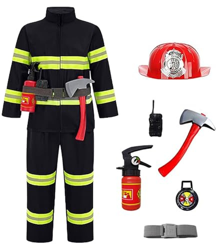 Deguisement Pompier Enfant 8pcs Déguisement Pompiers pour Enfants de 1 à 16 Ans Costume Pompier Enfant pour Fêtes Costumées L'éducation Aux Exercices D'incendie Noël Halloween (03 Red , 4-5 Years)