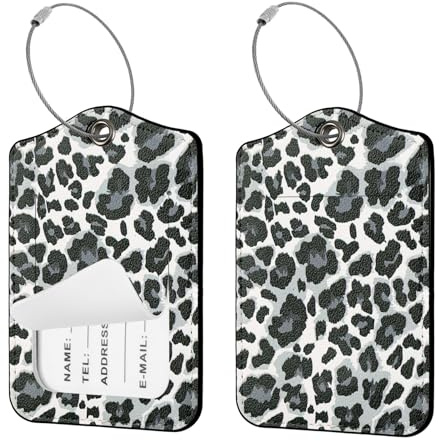 Ksriylm 2 Stück Personalisiert Leopard Kofferanhänger,Schnellen Auffinden PU Leder Gepäckanhänger mit Adressschild Namenschild,Reiseessenziale Kofferanhänger für Kreuzfahrten Flugreise, Weiß & Schwarz