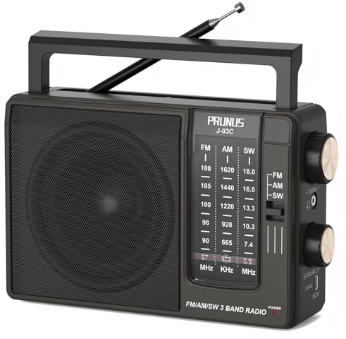 PRUNUS J-03C Transistor Radio a Pilas o Carga USB-C, Excelente Señal | AM FM SW Radio Portatil Pequeña, Altavoz Grande, Operación Simple, Fácil de Usar para Personas Mayores.