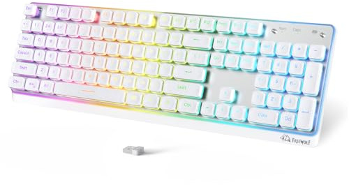 FREEWOLF M104 RGB Wireless Computer Keyboard, Ergonomic Membrane Low Profile Keys, 2.4G/BT/USB Wired, Spill-Resistant, 4000mAh, Silent 104 Key Full-size with Numeric Keypad for PC Laptop Mac - White