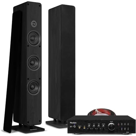 Audizio ARCO Passive HiFi Speaker Pair with Amp, Tower Floor Standing Stereo System with Bluetooth, HiFi Amplifier & Cable Bundle – High-Power Home Audio Solution, Black