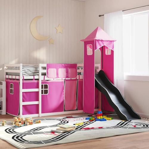 Zeehear Solid Pine Wood Bunk Bed with Fun Slide, Pink Curtains, Safety Guardrails, and Sturdy Slats, 80x200 cm, Ideal for Kids' Play and Sleep