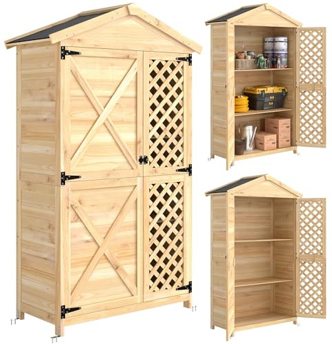 Outsunny Armadio da Giardino in Legno di Abete con Ante Ventilate e Kit Antiribaltamento, Casetta Porta Attrezzi da Esterno con Ripiani Rimovibili e Tetto Inclinato in Asfalto, Colore Legno