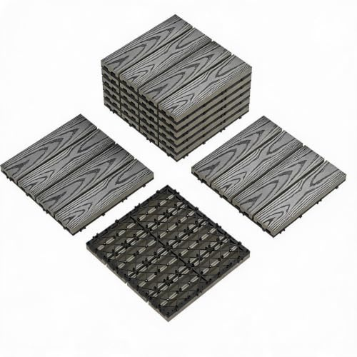 GarveeMore Interlinked Composite Deck Tiles, 12x12 in Waterproof Outdoor Flooring - Snap-Together Patio Decking for Balcony/Terrace/Poolside - All-Weather Wood-Look - 9-Pack - Color: Gray - Set: