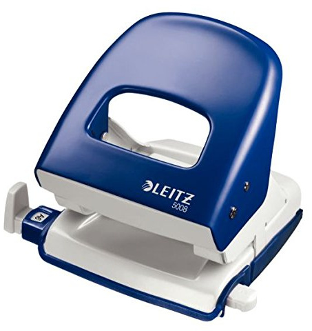 Leitz 50086035 Locher, 2,5 mm, mit Anschlagschiene, Blisterverpackung (Ohne Hefter, blau)