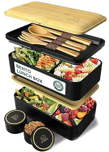 Umami Porta Pranzo Lunch Box Ermetico 4 Scomparti e Posate, Sicuro per Microonde, Lavastoviglie, Portapranzo Ufficio, Bento Lunchbox Prova di Perdite per Adulti, Pranzo, Nero Onice E Beige, 1500 ml