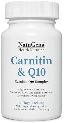 NatuGena Carnitin & Q10, L-Carnitin, fördert die Muskelfunktion und Energeistoffwechsel, 90 Kapseln (1 Monats Packung)