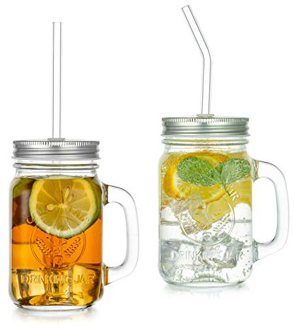 Glasseam 500ml Glas Trinkgläser: Vintage Einmachgläser 2er Mason Jar | Mit Deckel und Strohhalm, Wide Mouth Henkelglas, Wiederverwendbar Aufbewahrung, Für Bubbletea, Coffee, Joghurt, Smoothie