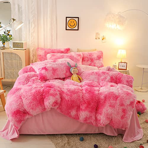 Jameswish Shaggy Plush Duvet Cover Set Super Soft Fluffy Faux Fur Comforter Cover Set Luxury Fuzzy Bedding Set 3 Piece(1Duvet Cover+2Pillowcases) with Zipper Closure(Queen Size,Pink White Ombre)